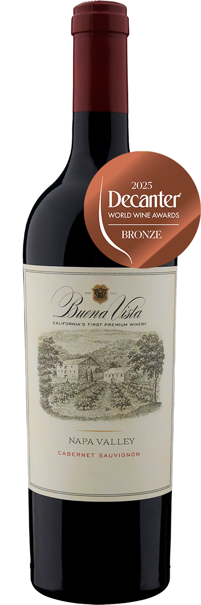 Bottle of Buena Vista Napa Valley Cabernet Sauvignon wine featuring a 2025 Decanter World Wine Awards bronze medal badge