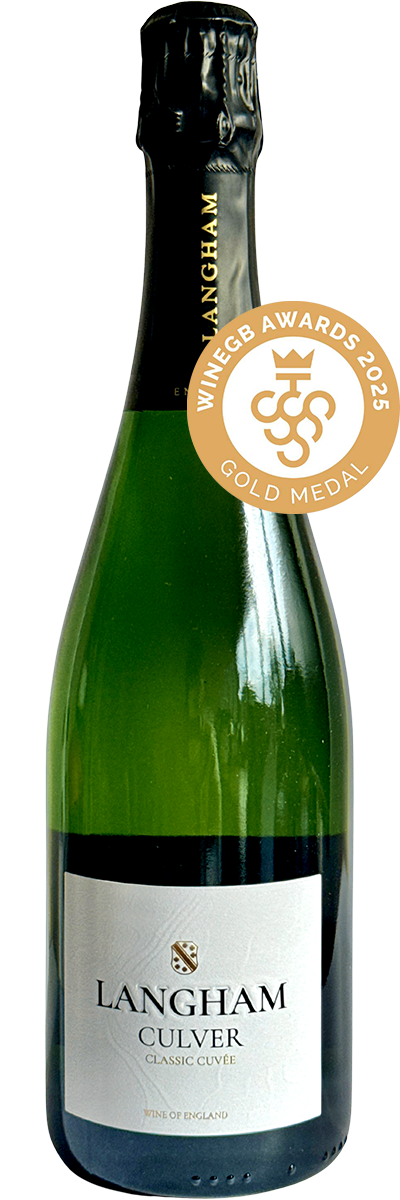 Bottle of Langham Culver Classic Cuvée sparkling wine featuring a 2025 WineGB gold medal badge
