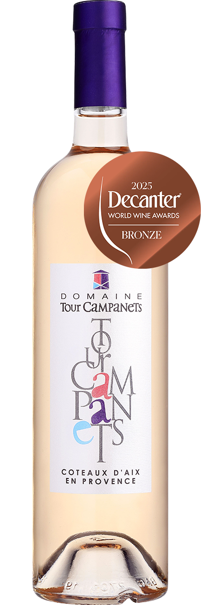 Bottle of Domaine Tour Campanets Côteaux d'Aix-en-Provence wine featuring a 2025 Decanter World Wine Awards bronze medal badge