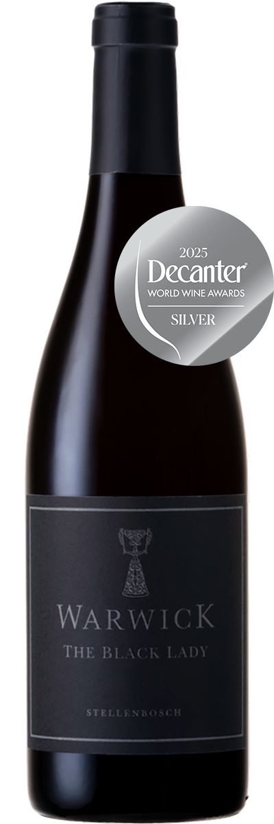 Bottle of Warwick The Black Lady wine featuring a 2025 Decanter World Wine Awards silver medal badge
