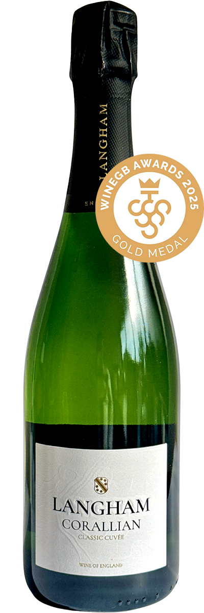 Bottle of Langham Corallian Classic Cuvée sparkling wine featuring a 2025 WineGB gold medal badge