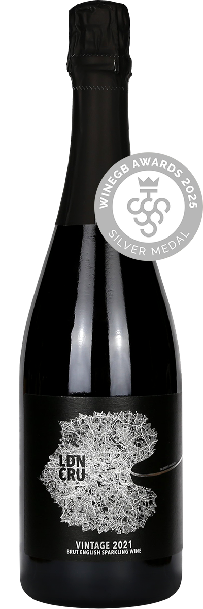 Bottle of London Cru Vintage 2021 Brut sparkling wine featuring a 2025 WineGB silver medal badge