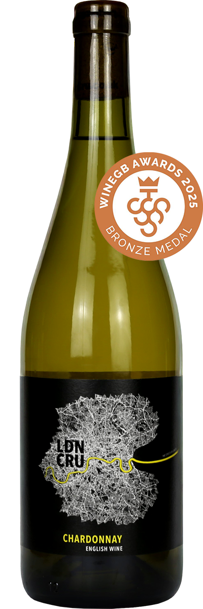 Bottle of London Cru Chardonnay wine featuring a 2025 WineGB bronze medal badge