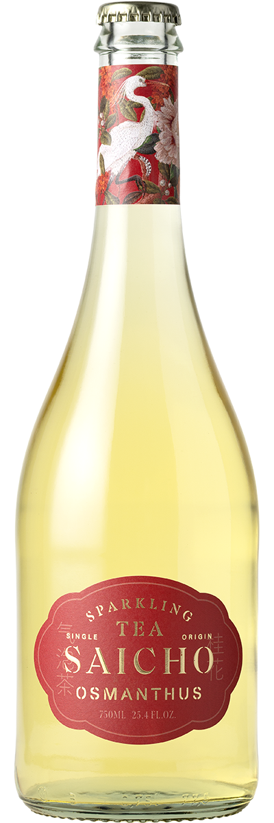Bottle of Saicho Osmanthus Sparkling Tea with a decorative label.