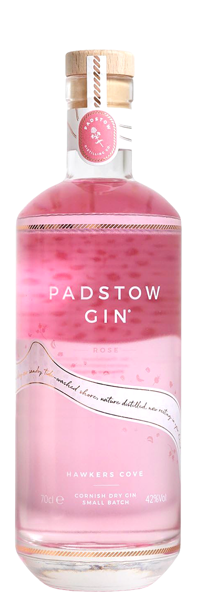 Bottle of Padstow Distilling Hawker's Cove Rose Gin, 70cl, dry pink gin, Cornwall, England, English Cornish Gin