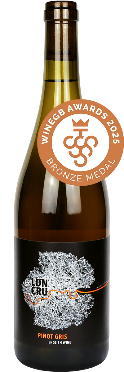 Bottle of London Cru Pinot Gris, Sussex, England, English Pinot Grigio white wine