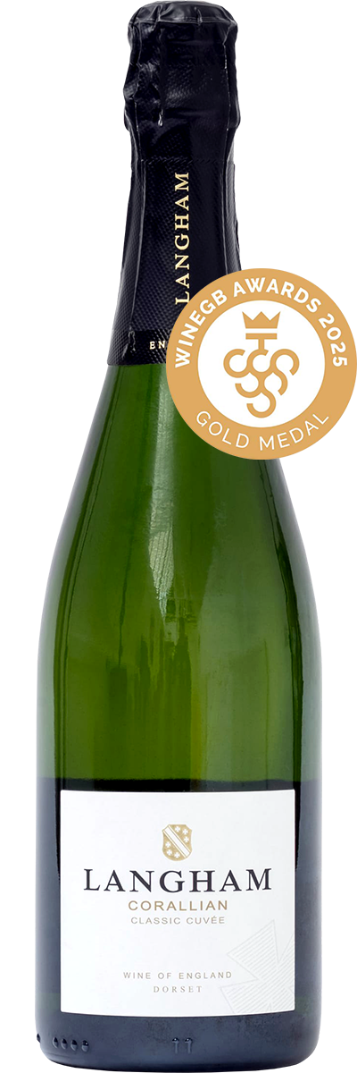 Bottle of Langham Corallian Classic Cuvée sparkling wine featuring a 2025 WineGB gold medal badge