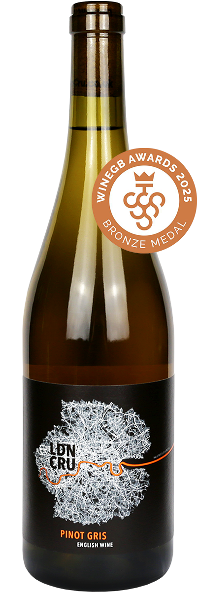Bottle of London Cru Pinot Gris wine featuring a 2025 WineGB bronze medal badge